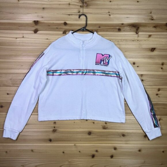 MTV Sweater Womens Juniors XL 15/17 White 1/4 Zip Long Sleeve Crop Top Shirt - Picture 1 of 6
